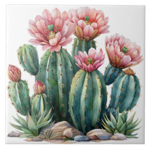 Carreau Aquarelle fleurs du désert cactus.