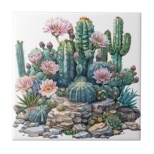 Carreau Aquarelle fleurs du désert cactus. (Devant)