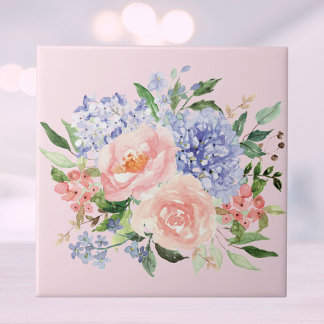 Carreau Aquarelle Floral Printanier Hydrangea Pivoine Rose