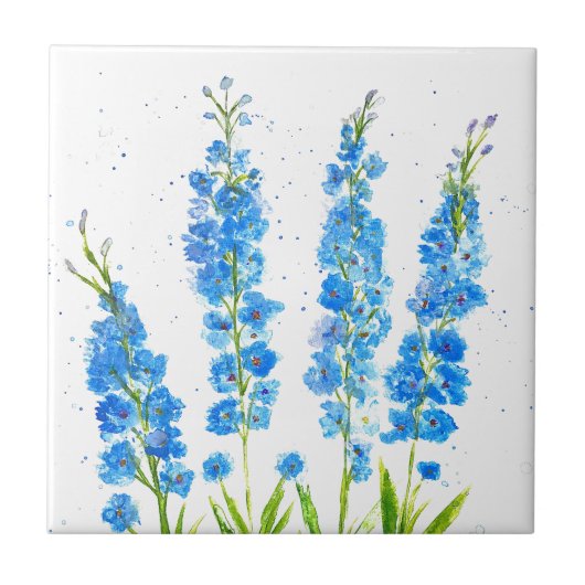 Carreau Aquarelle florale de delphinium bleu élégant rusti (Devant)