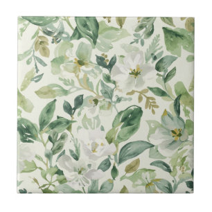 Carreau Aquarelle florale verte botanique feuilles nature 