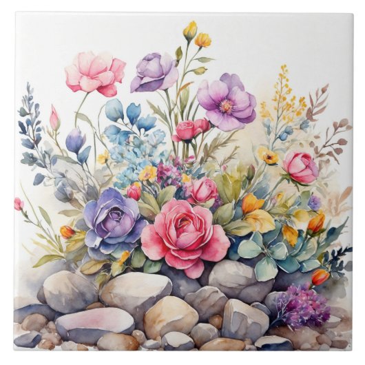 Carreau Aquarelle Jardin Fleurs sur les rochers (Devant)