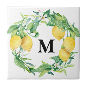 Carreau Aquarelle Lemon Floral Wreath w Monogramme familia