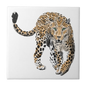 Carreau aquarelle léopard jungle chat animal peint vert
