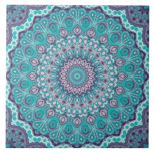 Carreau Aquarelle Mandala en Turquoise et violet (Devant)
