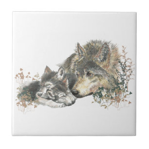 Carreau Aquarelle Mère Wolf & Cubs Animal Art