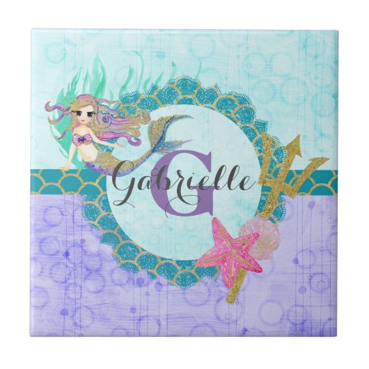 Carreau Aquarelle mignonne de sirène Monogramme Turquoise (Devant)