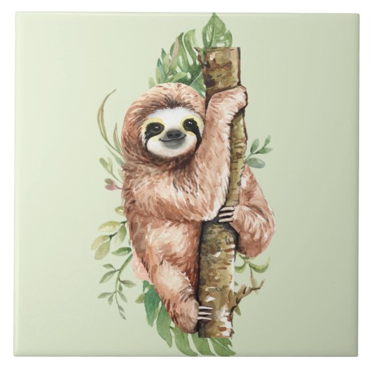 Carreau Aquarelle mignonne Sloth & Feuilles tropicaux (Devant)