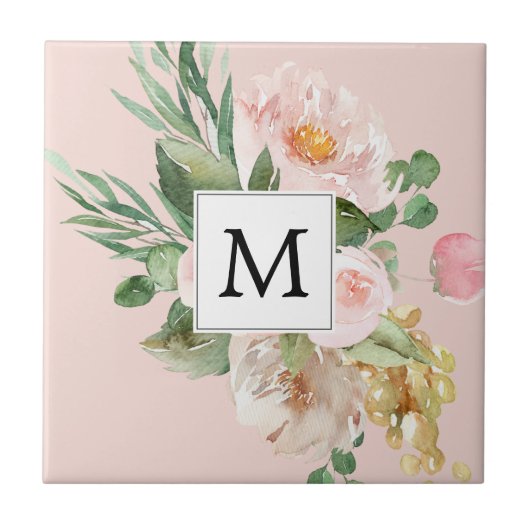 Carreau Aquarelle moderne Fleurs roses Monogrammes (Devant)