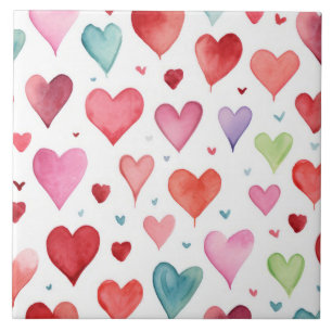 Carreau Aquarelle moderne Rouge rose bleu Motif de coeur