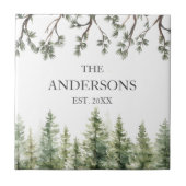 Carreau Aquarelle Monogramme Pins rustiques et branches (Devant)