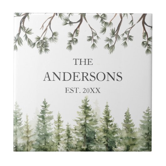 Carreau Aquarelle Monogramme Pins rustiques et branches (Devant)