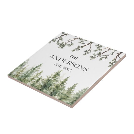 Carreau Aquarelle Monogramme Pins rustiques et branches (Côté)