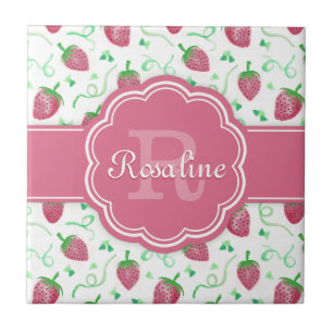 Carreau Aquarelle Motif fraise avec Monogramme