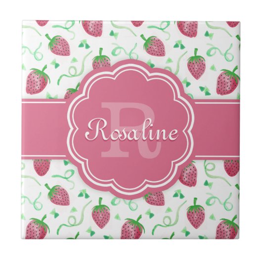 Carreau Aquarelle Motif fraise avec Monogramme (Devant)