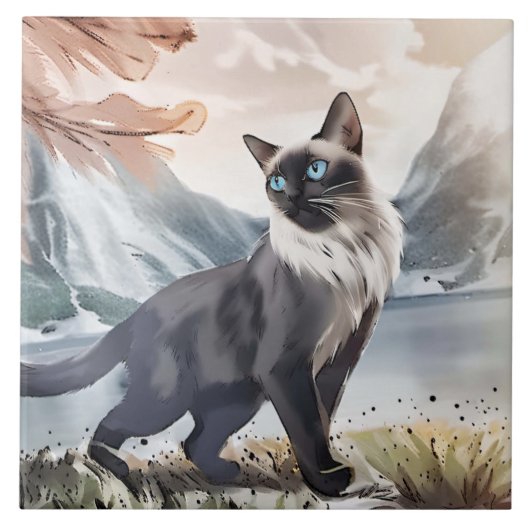 Carreau Aquarelle Noir et Blanc Fluffin Chat dans la natur (Devant)