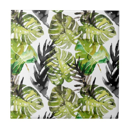 Carreau Aquarelle Noir Vert Tropical Feuille Motif (Devant)