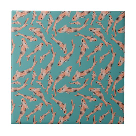 Carreau Aquarelle orange Koi poisson Motif Turquoise (Devant)