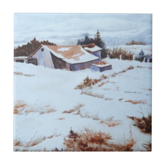 Carreau Aquarelle originale Paysage de grange d'hiver Carr (Devant)