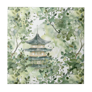 Carreau Aquarelle Pagode asiatique dans paysage verdoyant 