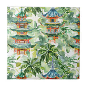 Carreau Aquarelle Pagode asiatique dans paysage verdoyant