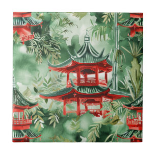 Carreau Aquarelle Pagode asiatique dans paysage verdoyant 