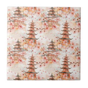 Carreau Aquarelle Pagode chinoise avec fleurs de cerisiers