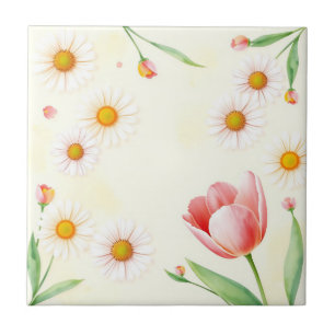 Carreau Aquarelle Pastel Daisées et Tulipes