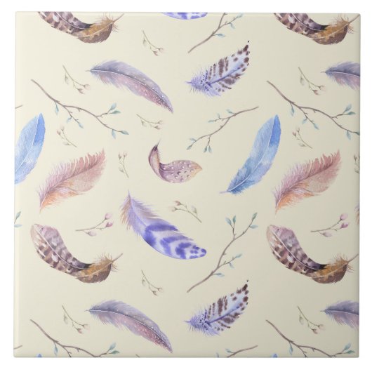 Carreau Aquarelle Plumes Feuilles et Branches Motif (Devant)