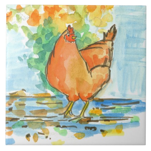 Carreau Aquarelle Poulet Hen Feuilles d'automne (Devant)
