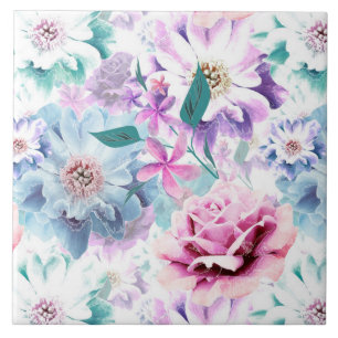 Carreau Aquarelle rose, fleurs bleues.