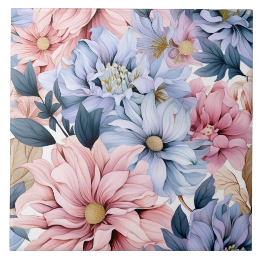 Carreau Aquarelle rose pastel et fleurs bleues (Devant)