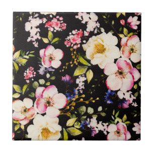 Carreau Aquarelle rose Roses Jaunes Arrière - plan noir