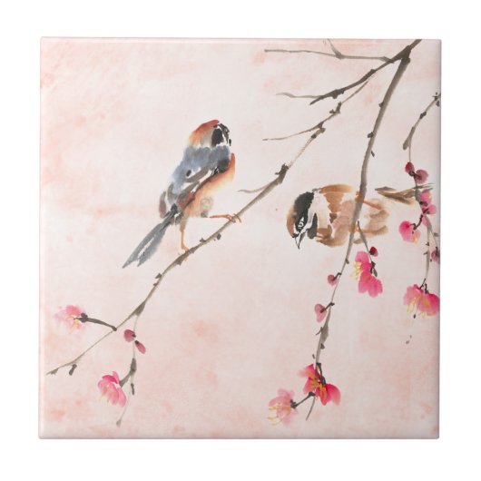 Carreau Aquarelle rose vintage Fleurs et oiseaux (Devant)