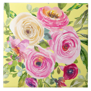 Carreau Aquarelle Roses en rose et rouge sur jaune
