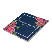 Carreau Aquarelle Rouge et rose Fleurs bleu foncé Marine (Côté)