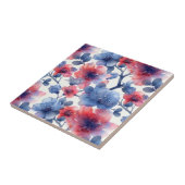 Carreau Aquarelle rouge, fleurs bleues sur le blanc (Côté)