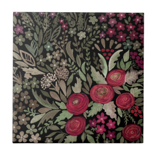 Carreau Aquarelle rouge roses fleurs petit floral vert le