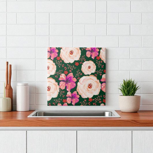 Carreau Aquarelle rouge verte Florale
