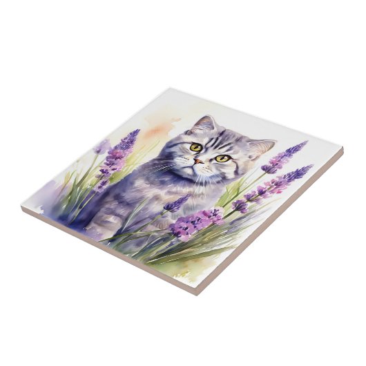 Carreau Aquarelle Scottish Fold Cat dans le champ de lavan (Côté)