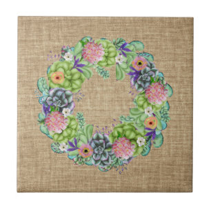 Carreau Aquarelle succulente couronne florale sur tan