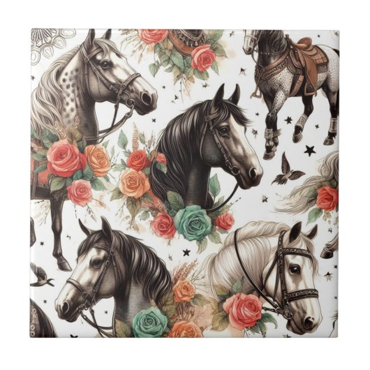 Carreau Aquarelle vintage Peinture Cheval sans joint (Devant)