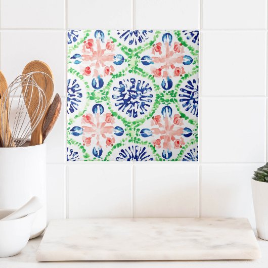 Carreau Aquarelle vive Coral Bleu Vert Motif