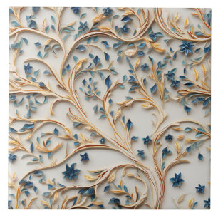 Carreau Arbre bleu et or, style de sculpture sur bois