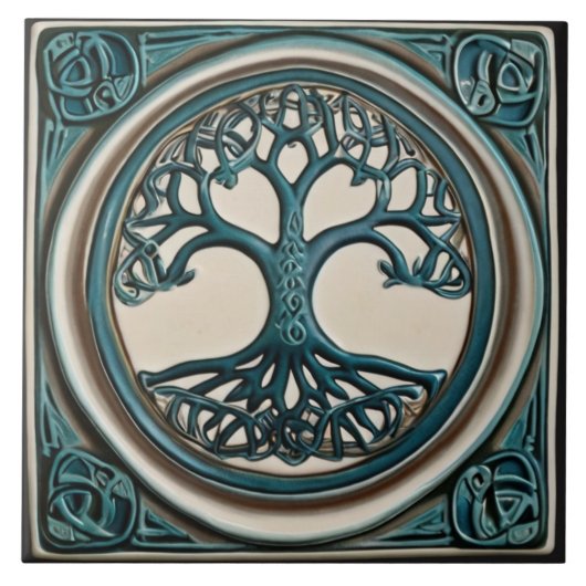 Carreau Arbre celtique de vie Turquoise Faux Relief Carrel (Devant)