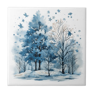 Carreau arbre de forêt hivernale à l'aquarelle
