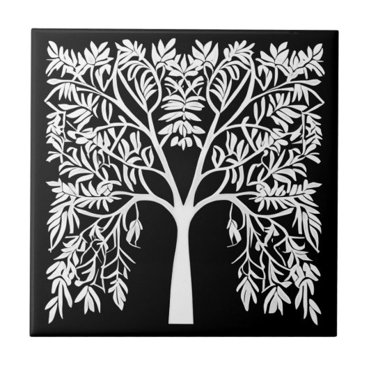 Carreau Arbre de vie #1 Blanc sur Noir (Devant)
