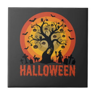 Carreau Arbre ensorcelé Halloween Sorcière et chats noirs