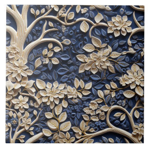 Carreau Arbre floral or et bleu à effet de relief
