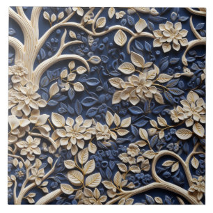 Carreau Arbre floral or et bleu à effet de relief